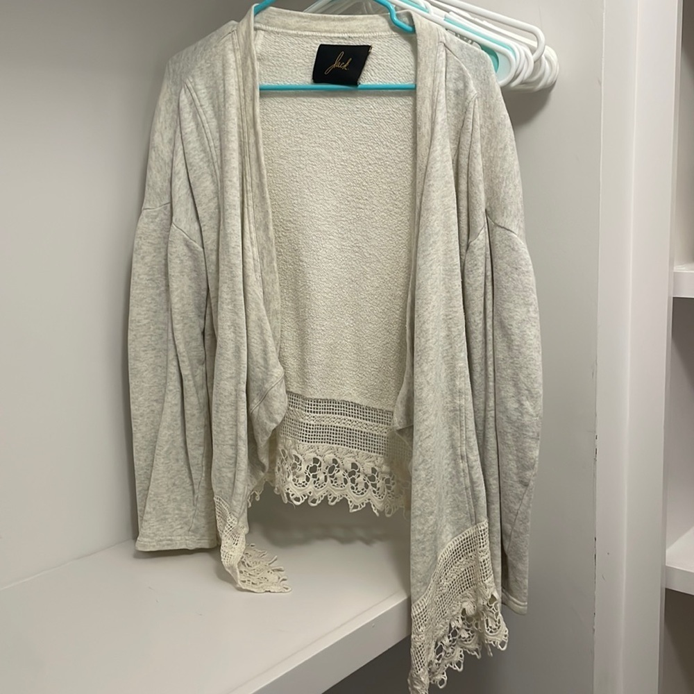 Jack by BB Dakota Women's Lace Gray Ivory/Cream Open Front Knit Cardigan Sweater